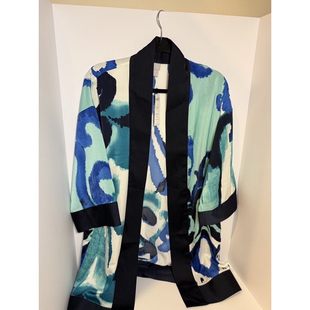 Chicos Travelers Blue Abstract Open Front Kimono Jacket SM Lightweight NEW